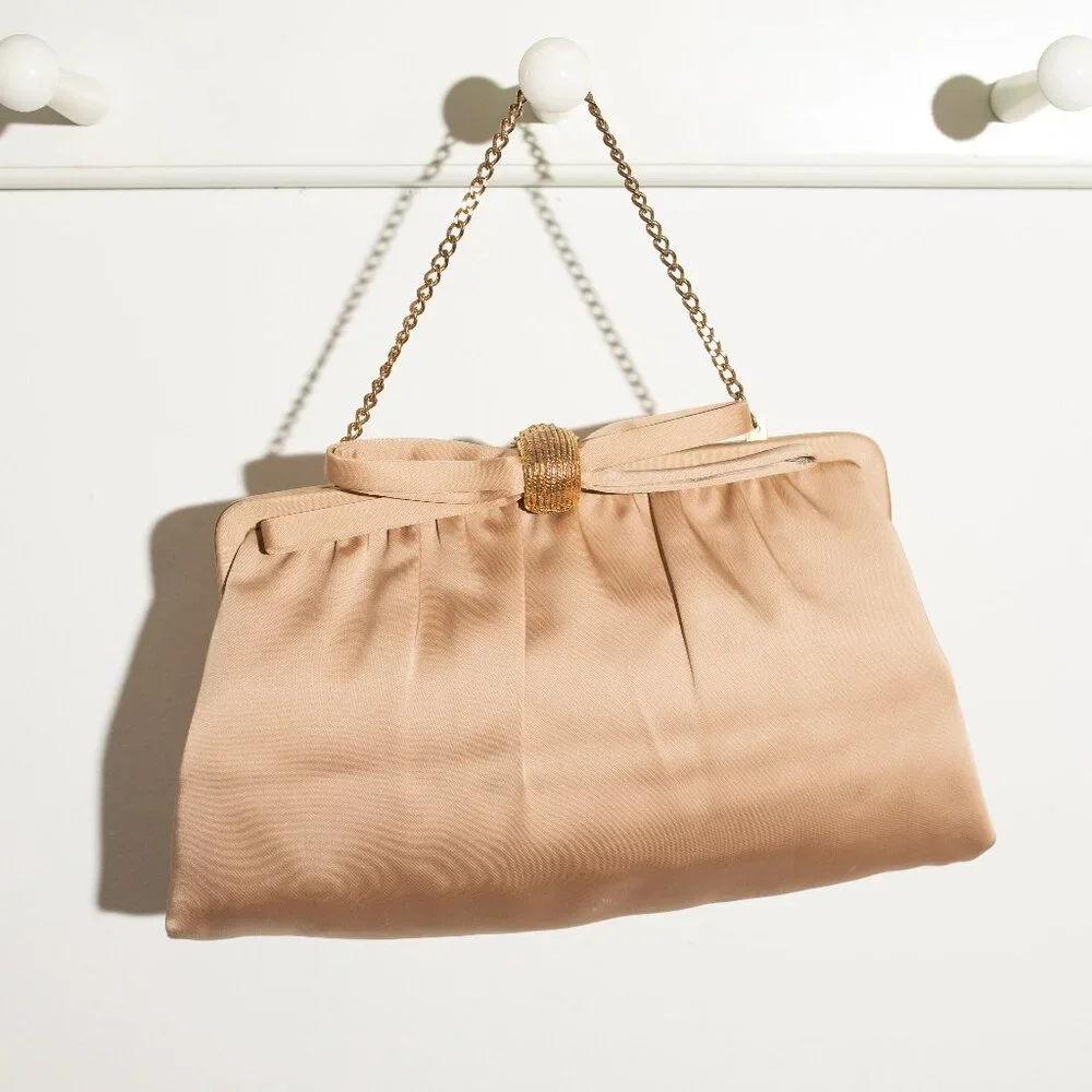 Gold Satin Bow Evening Bag with Chain - Picture 1 of 5